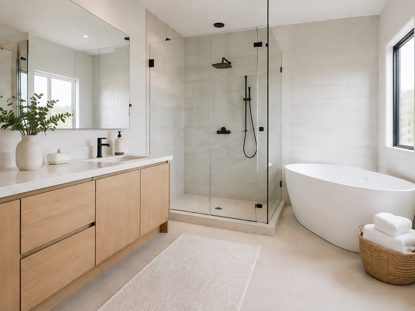 Bright, freshly cleaned bathroom with a sparkling mirror and sink