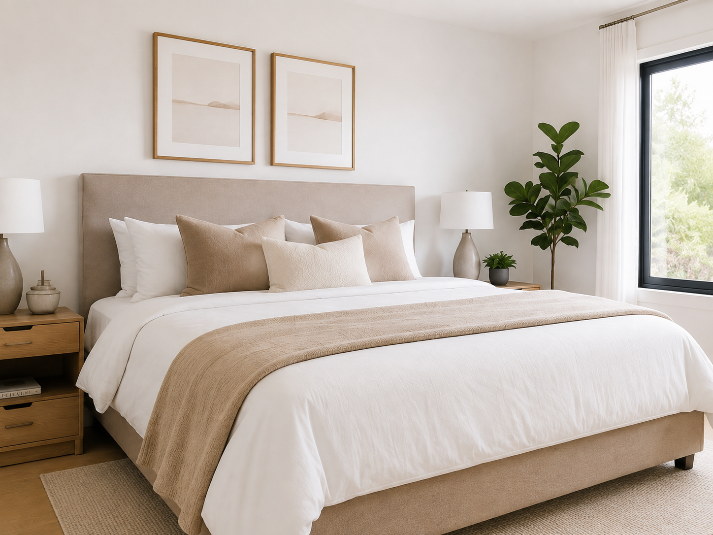 Neatly made bedroom with smooth bedding and an organized nightstand