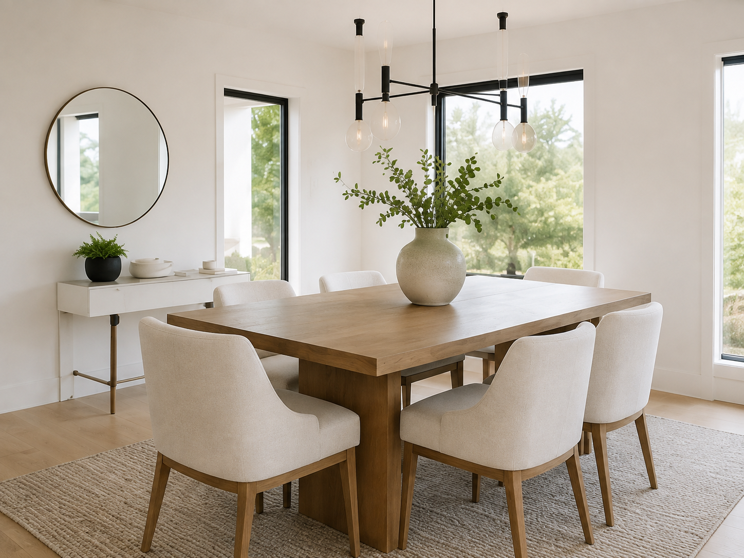 Spotless dining room with a polished table and neatly arranged chairs