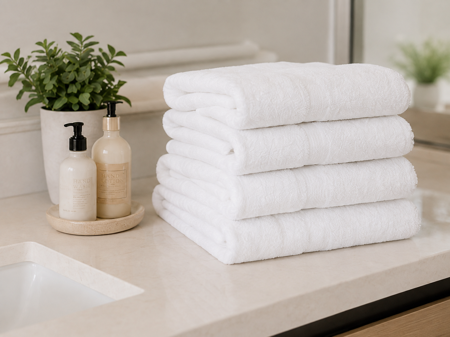 Neatly folded towels arranged in a clean bathroom